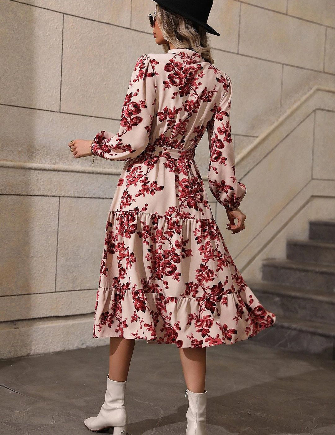 Kotty Cream Floral Printed Shirt Collar Puff Sleeve A-Line Midi Dress