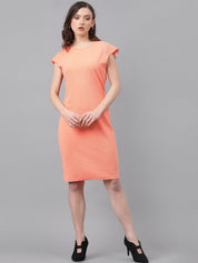 Kotty Orange Self Design Round Neck Extended Sleeves Sheath Dress
