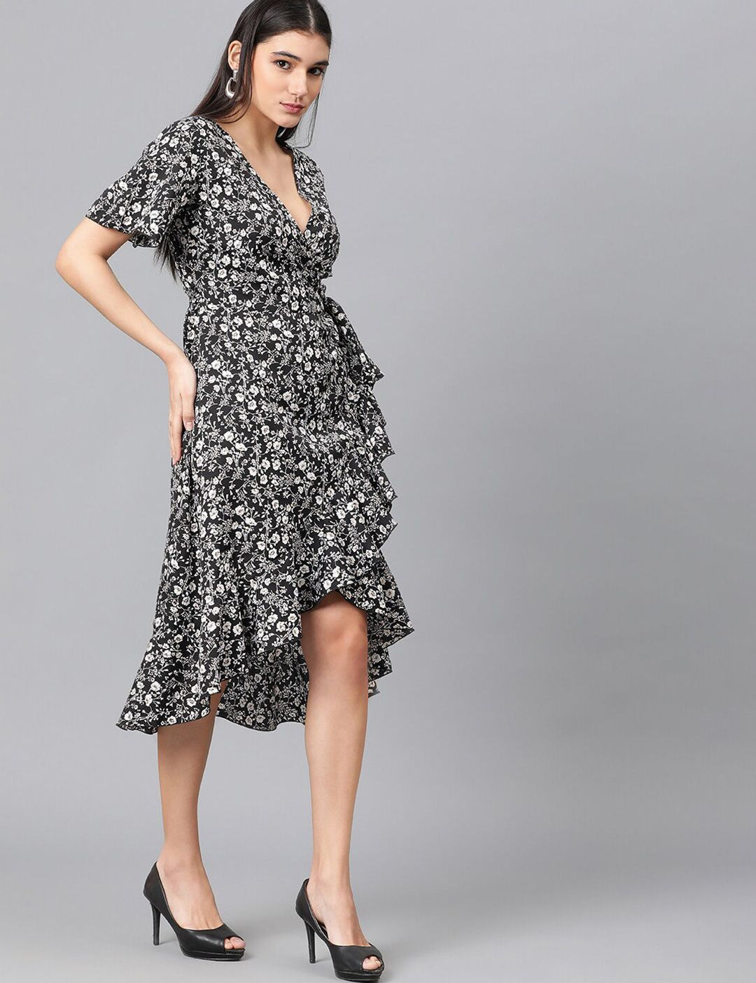 Kotty Black & White Floral Printed Flared Sleeves Crepe Ruffles Wrap Dress