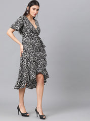 Kotty Black & White Floral Printed Flared Sleeves Crepe Ruffles Wrap Dress