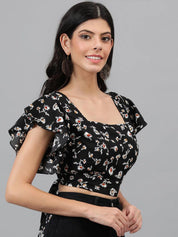 Kotty Black Floral Print Flutter Sleeve Crop Top