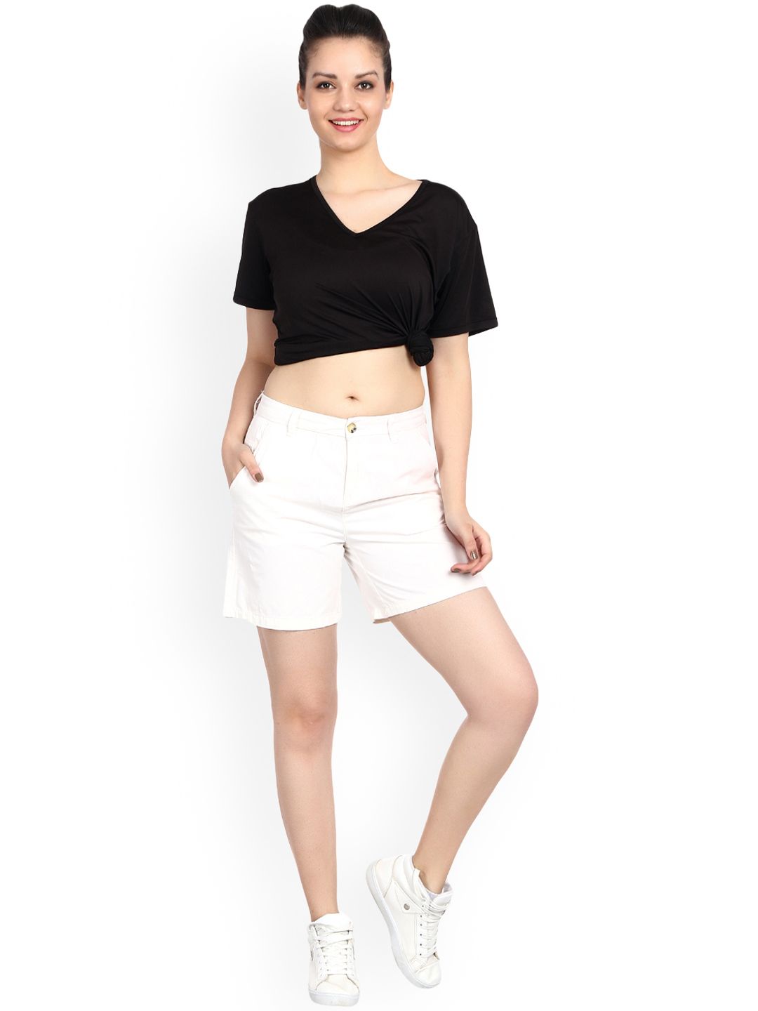 Kotty Women Cream-Coloured Solid Regular Fit Regular Shorts