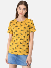 Kotty Women Yellow Printed Round Neck T-shirt