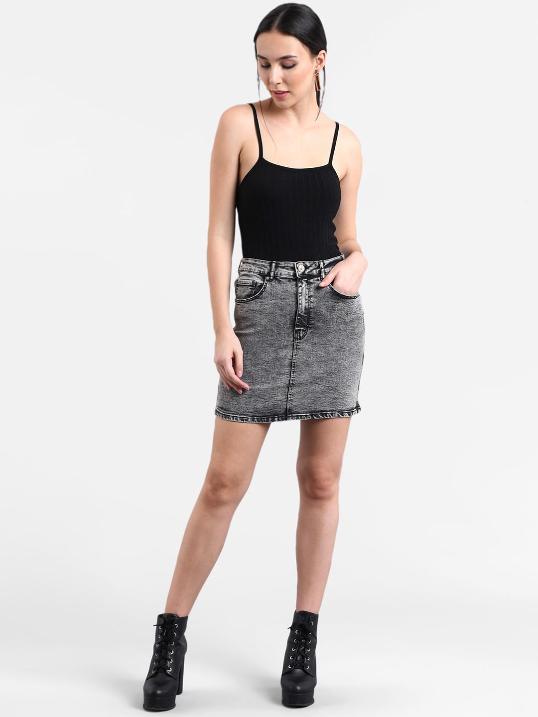 Kotty Women Grey Washed Denim Pencil Mini Skirt