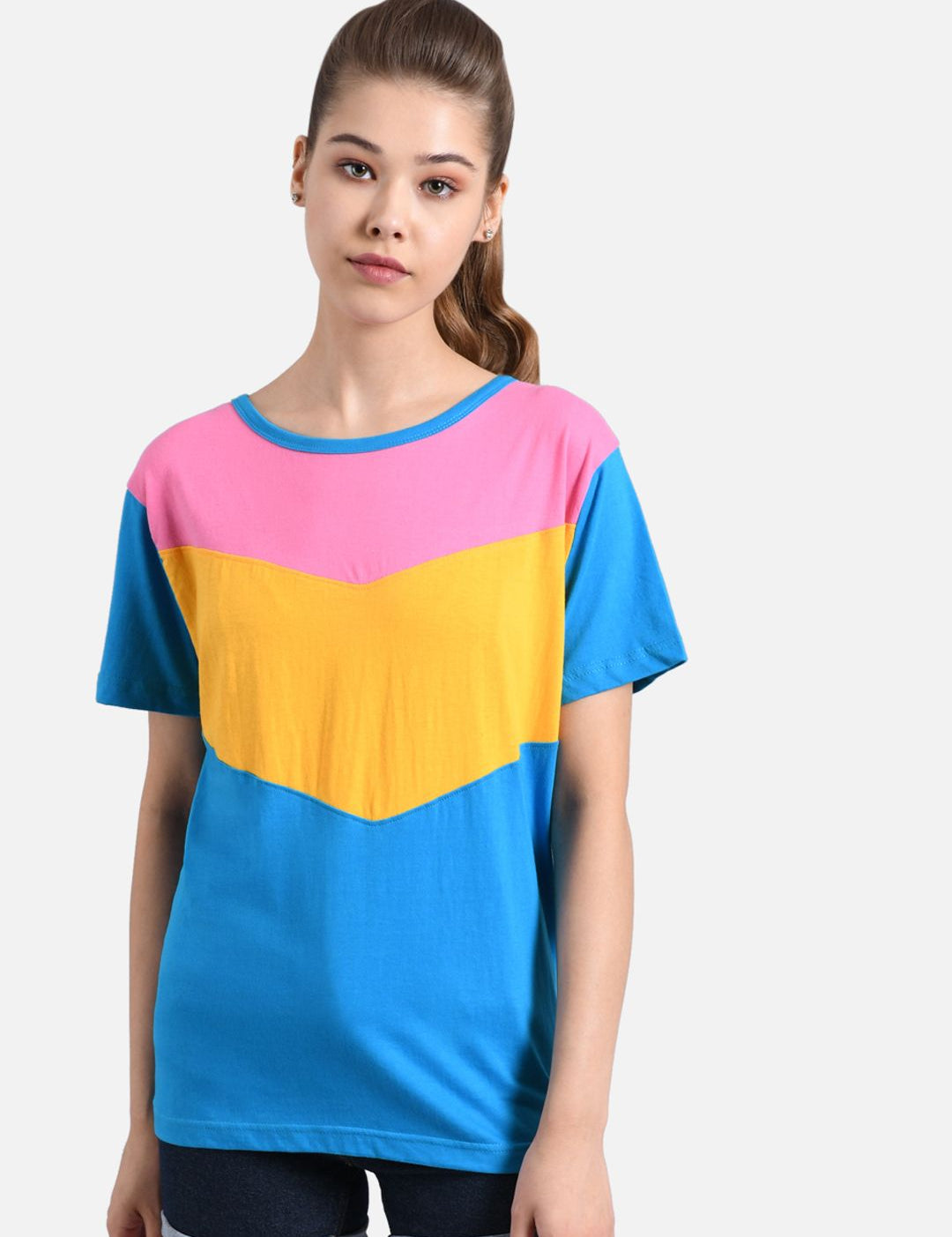 Kotty Women Blue & Yellow Colourblocked Round Neck T-shirt