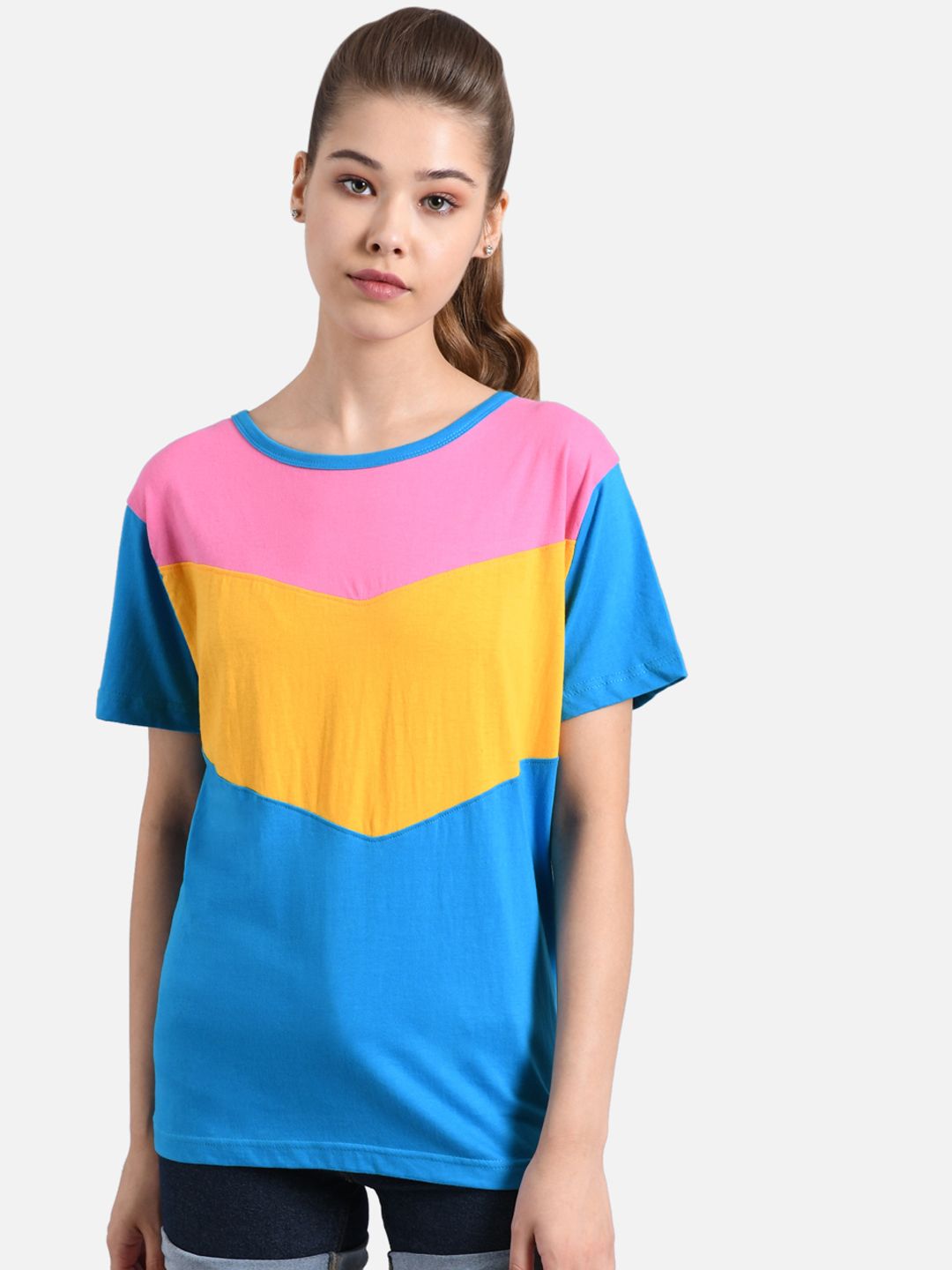 Kotty Women Blue & Yellow Colourblocked Round Neck T-shirt