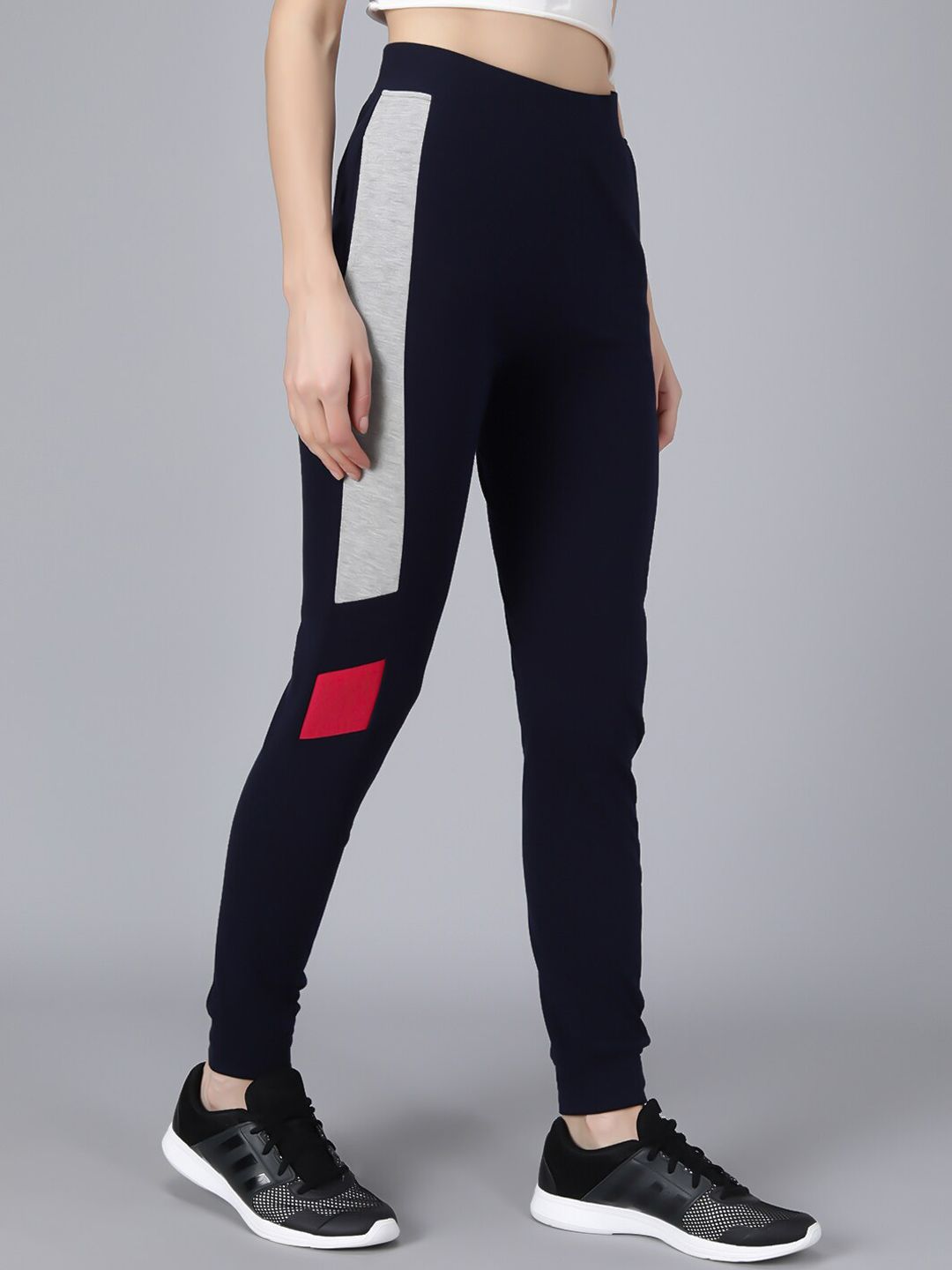Kotty Women Navy Blue Solid Joggers with Side Stripes