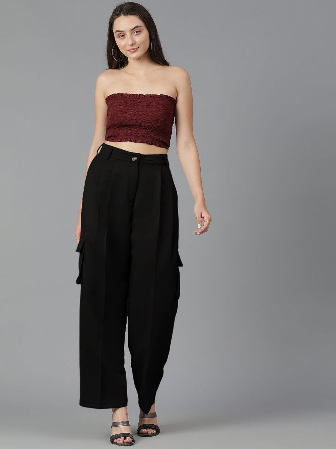 Kotty Women Black Straight Fit High-Rise Pleated Cargos