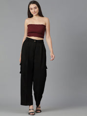 Kotty Women Black Straight Fit High-Rise Pleated Cargos