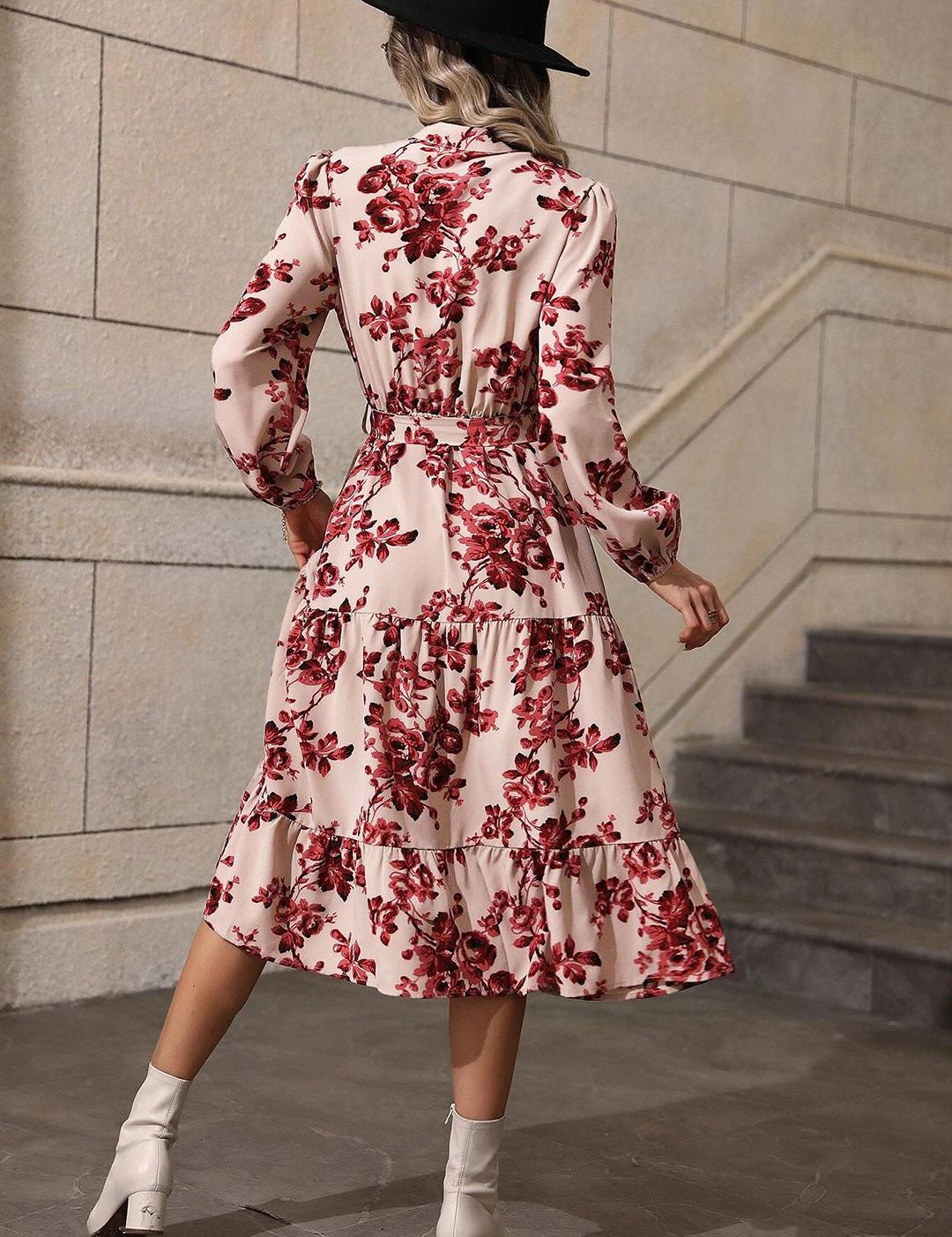 Kotty Cream Floral Printed Shirt Collar Puff Sleeve A-Line Midi Dress