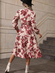 Kotty Cream Floral Printed Shirt Collar Puff Sleeve A-Line Midi Dress