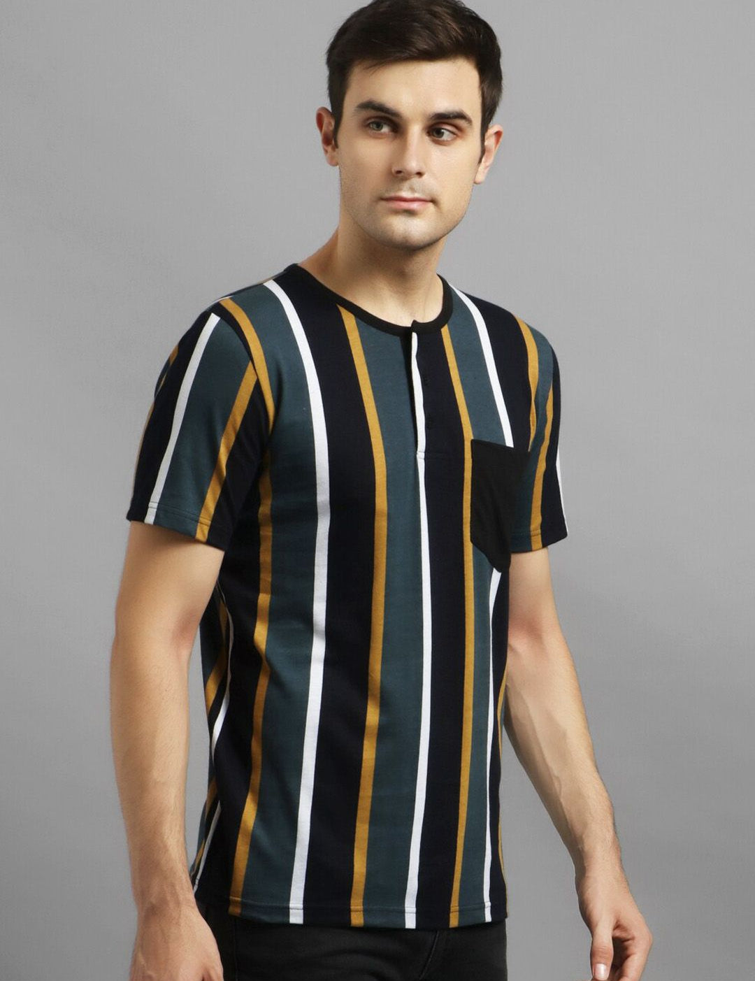Kotty Men Grey & Black Striped Round Neck T-shirt