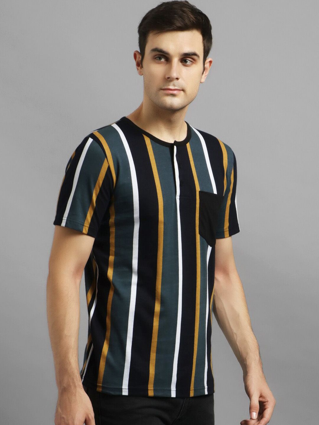 Kotty Men Grey & Black Striped Round Neck T-shirt