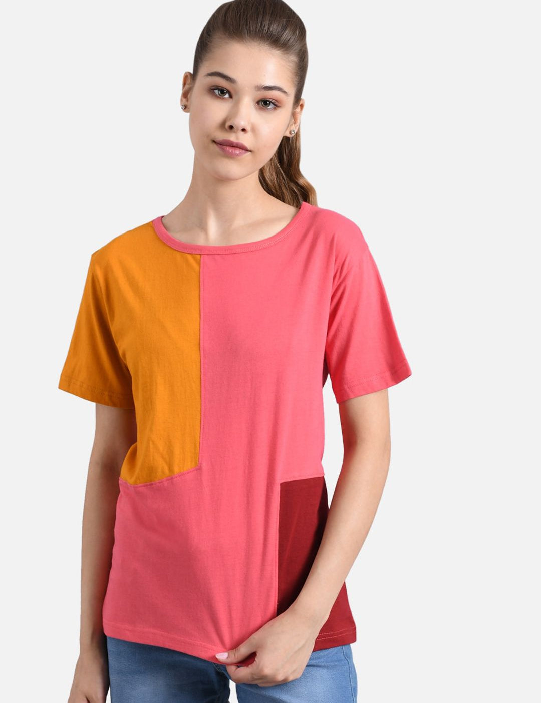 Kotty Women Pink & Mustard Yellow Colourblocked Round Neck T-shirt