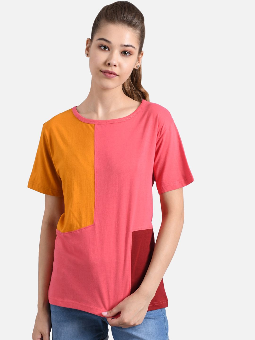 Kotty Women Pink & Mustard Yellow Colourblocked Round Neck T-shirt
