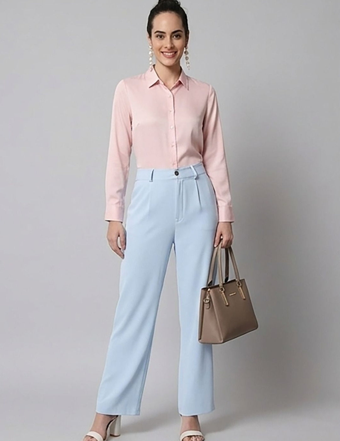 Blue Regular Fit High-Rise Trousers for Women | Kotty