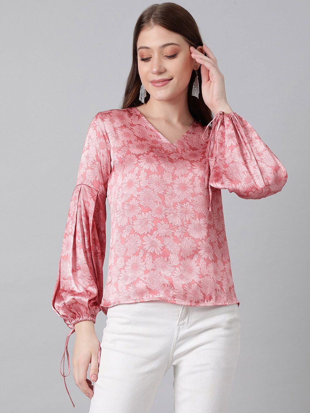 Kotty Pink Floral Printed Bishop Sleeves Satin Top