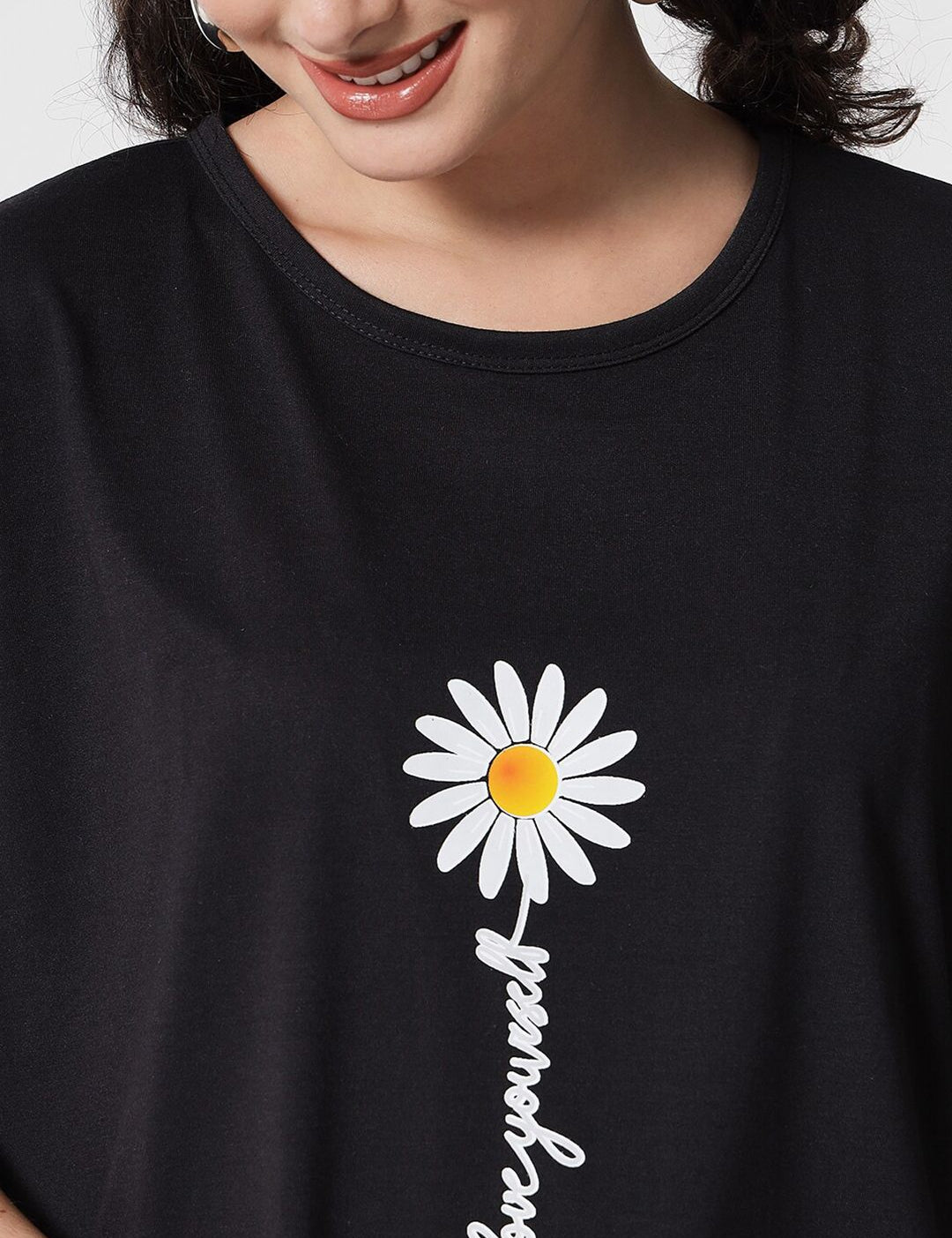 Kotty Women Black Typography Printed Drop-Shoulder Sleeves Applique Oversized T-shirt