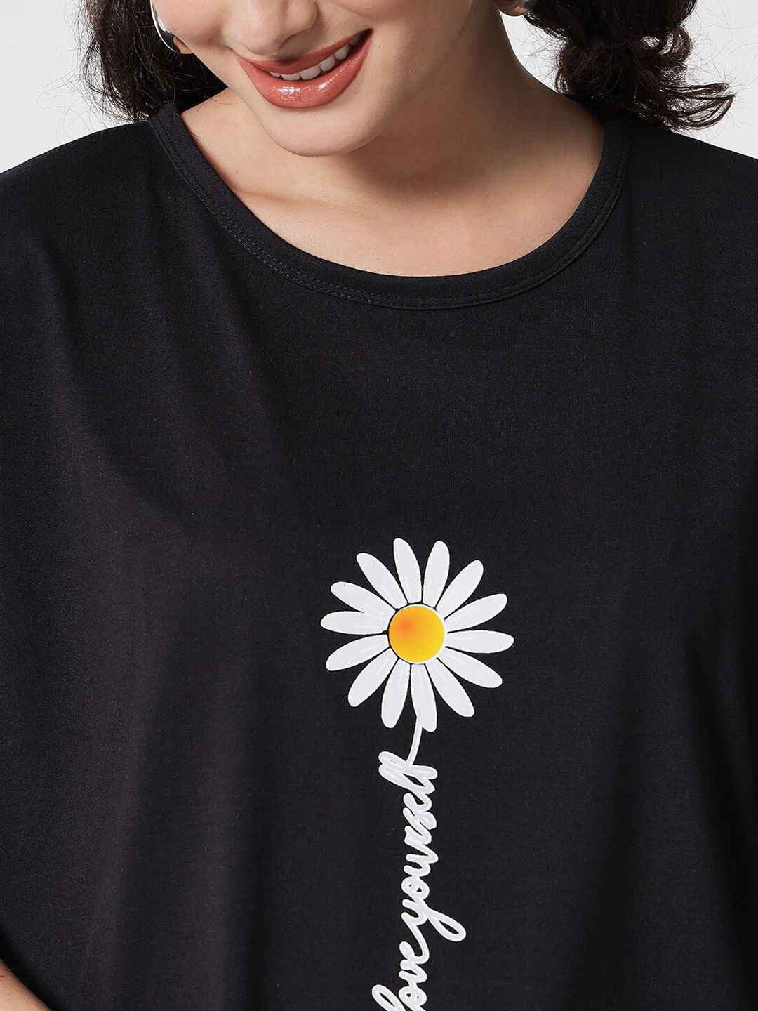 Kotty Women Black Typography Printed Drop-Shoulder Sleeves Applique Oversized T-shirt