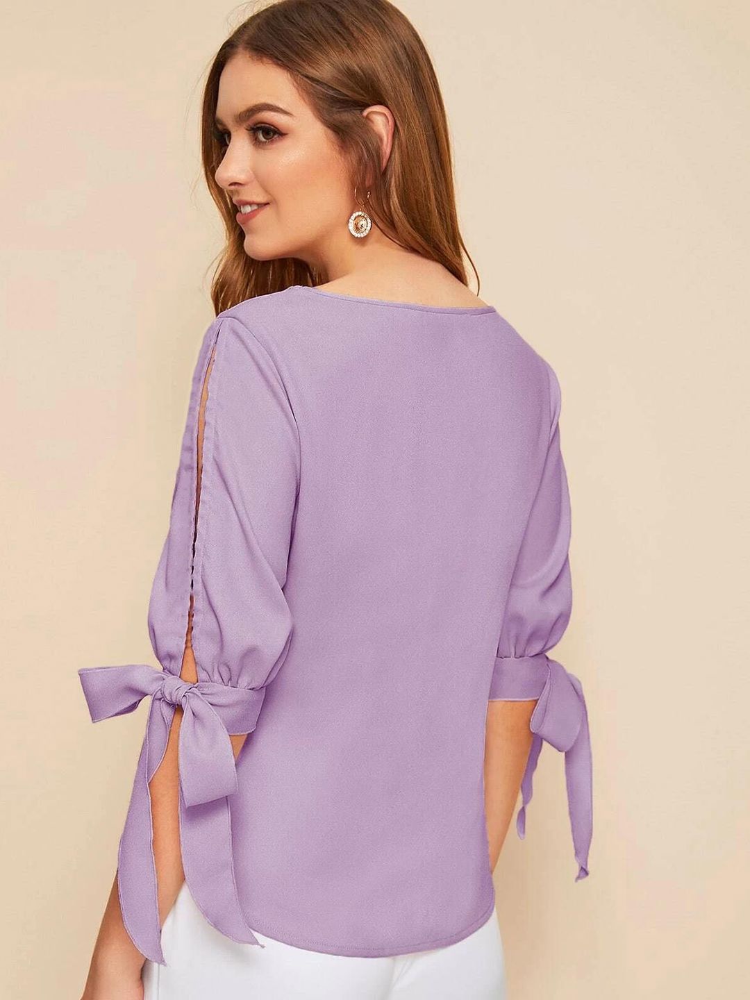 Kotty Purple Boat Neck Slit Sleeve Top