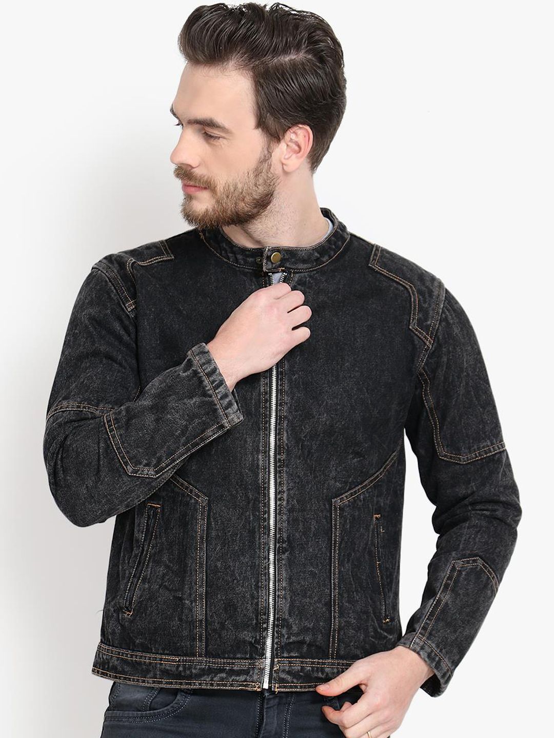 Kotty Men Black Solid Denim Jacket