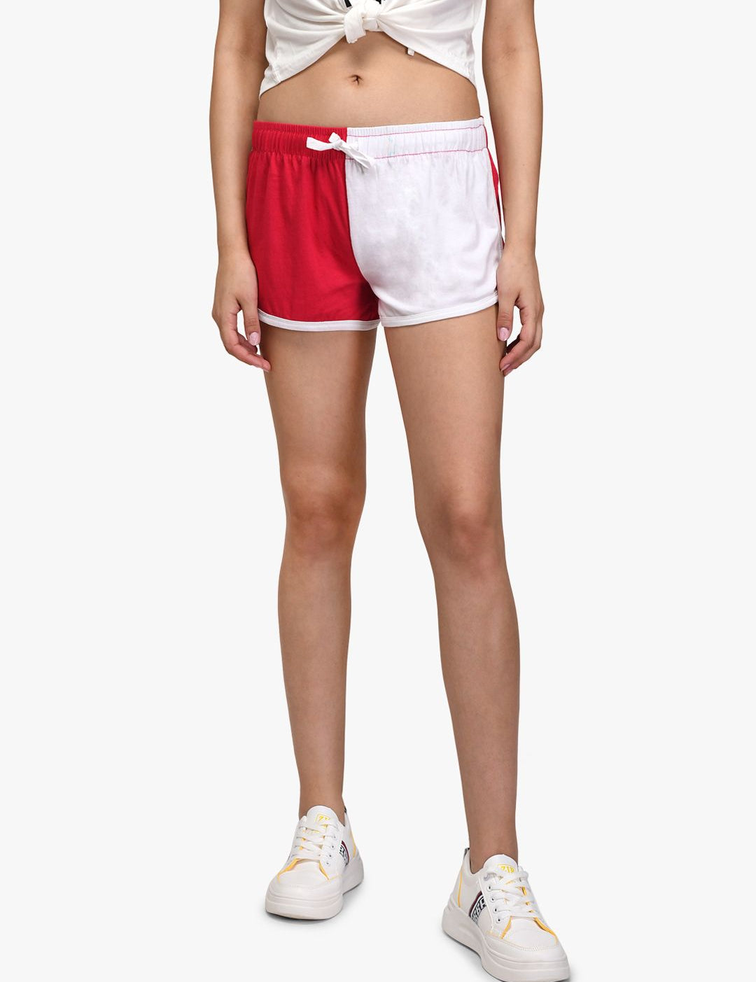 Kotty Women Red And White Colourblocked Regular Fit Hot Pants