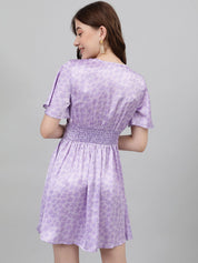 Kotty Lavendor Floral Printed V-Neck Satin Fit & Flare Dress