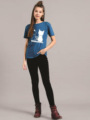 Kotty Women Blue Printed Round Neck T-shirt