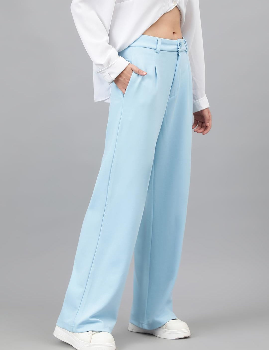 KOTTY BIZwear Women Blue Relaxed Straight Leg High-Rise Easy Wash Pleated Parallel Trousers
