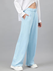 KOTTY BIZwear Women Blue Relaxed Straight Leg High-Rise Easy Wash Pleated Parallel Trousers