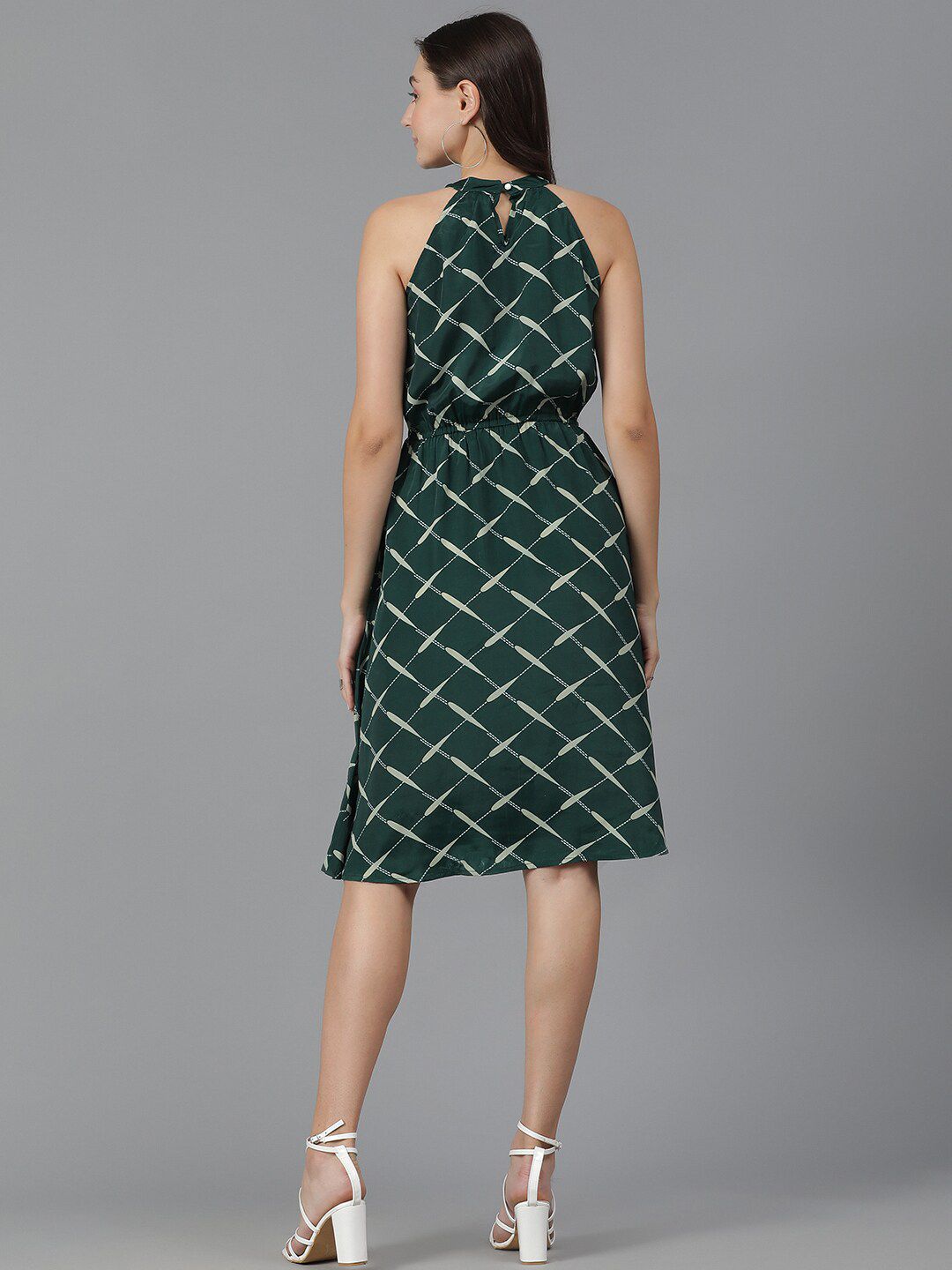 Kotty Geometric Printed High Neck Sleeveless A-Line Dress