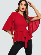 Kotty Women Round Neck Flared Sleeve Cinched Waist Top