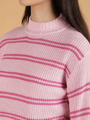 Kotty Women Striped Round Neck Crop Pullover Sweater 