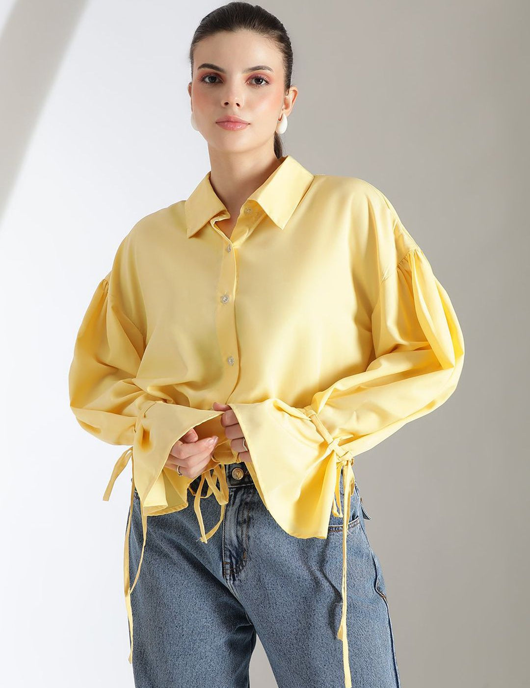 Kotty Women Comfort Spread Collar Solid Crepe Oversized Casual Shirt
