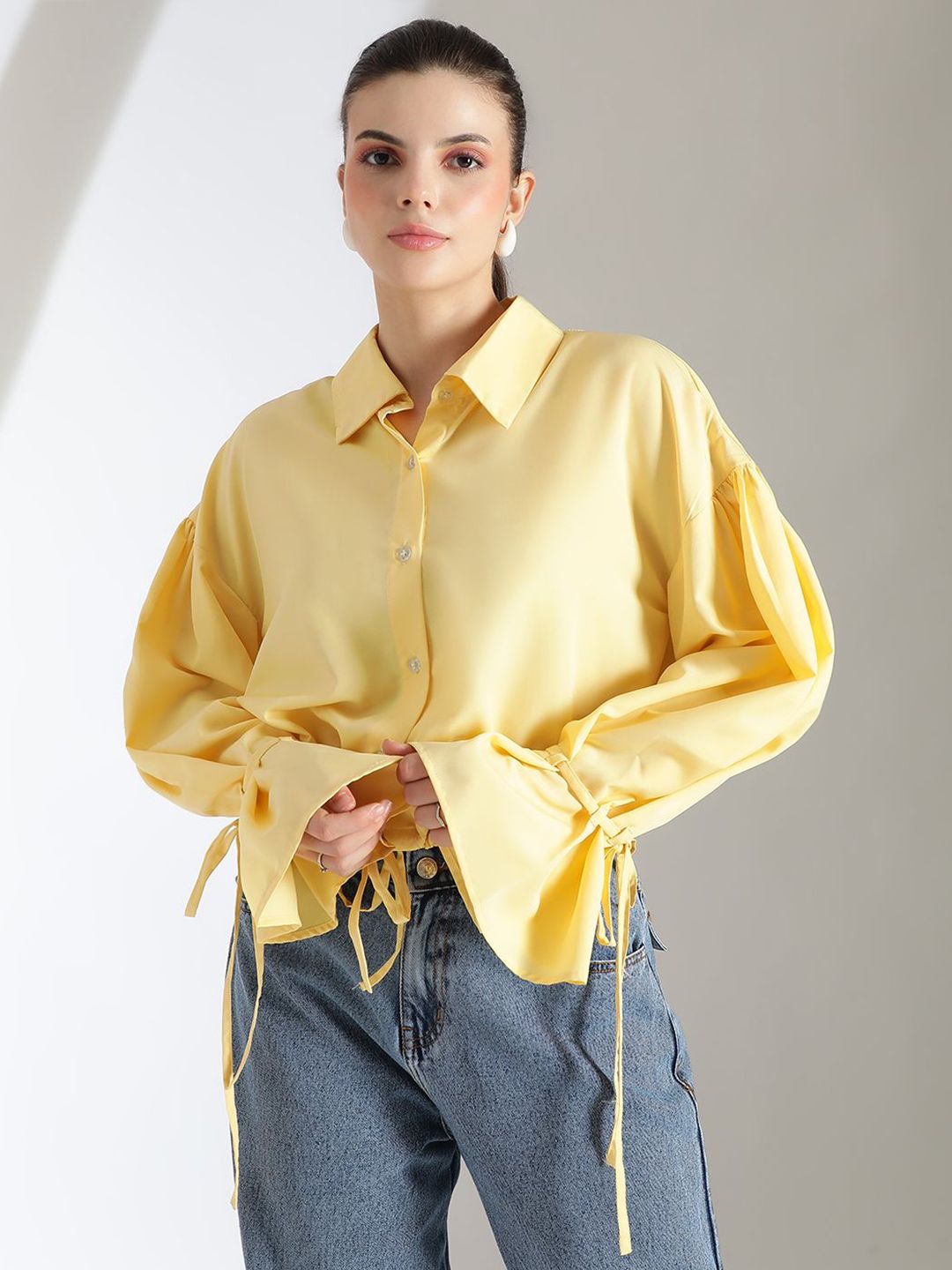 Kotty Women Comfort Spread Collar Solid Crepe Oversized Casual Shirt