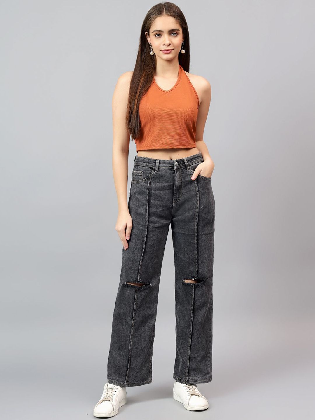 Kotty Women Straight Fit High-Rise Low Distress Cotton Stretchable Jeans