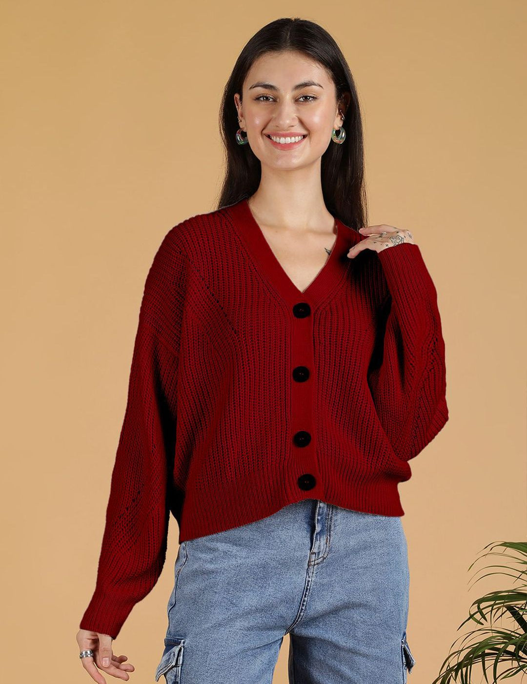 Kotty Women Solid V-Neck Cardigan