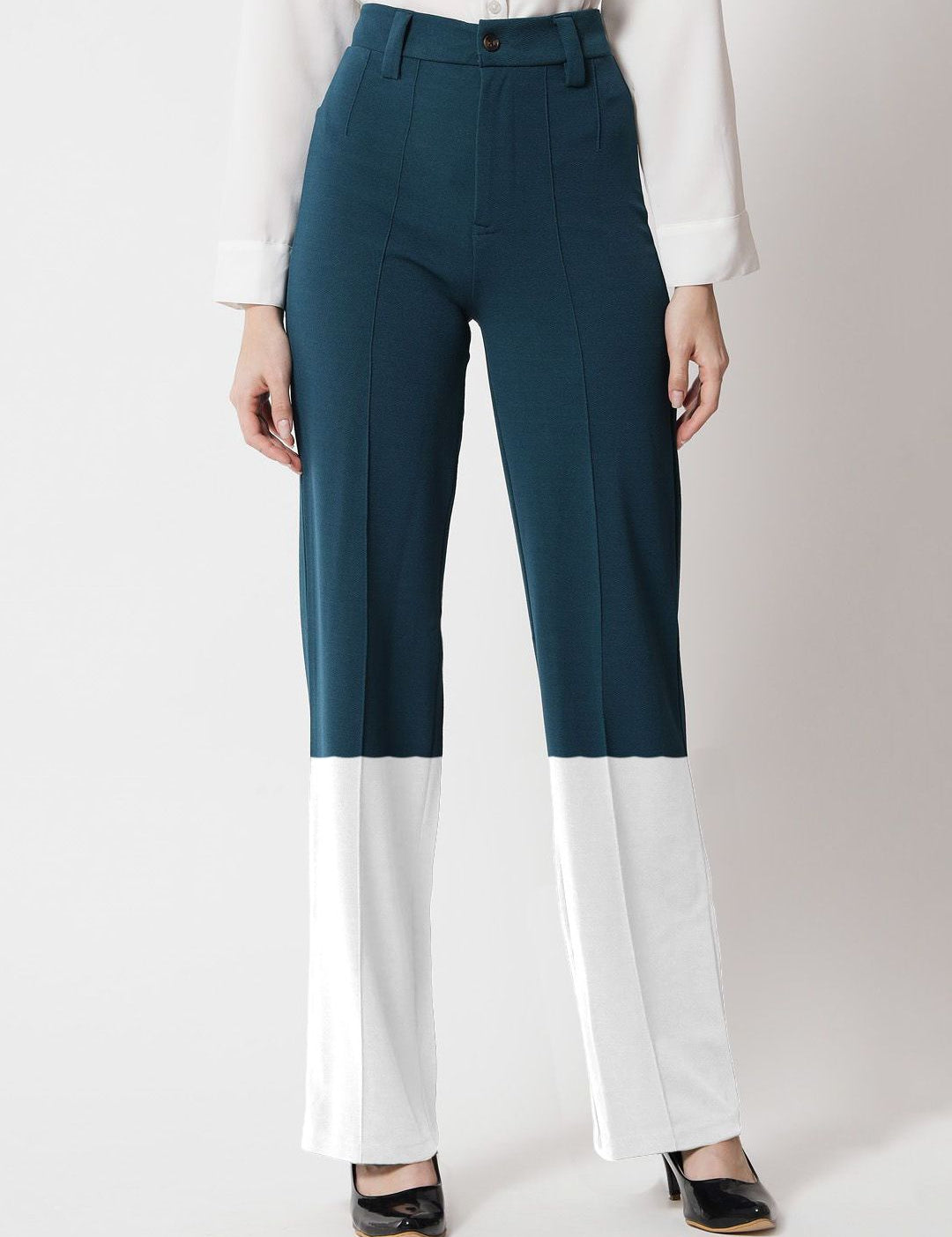 Kotty Women Colourblocked Relaxed Straight Leg Straight Fit High-Rise Easy Wash Trousers