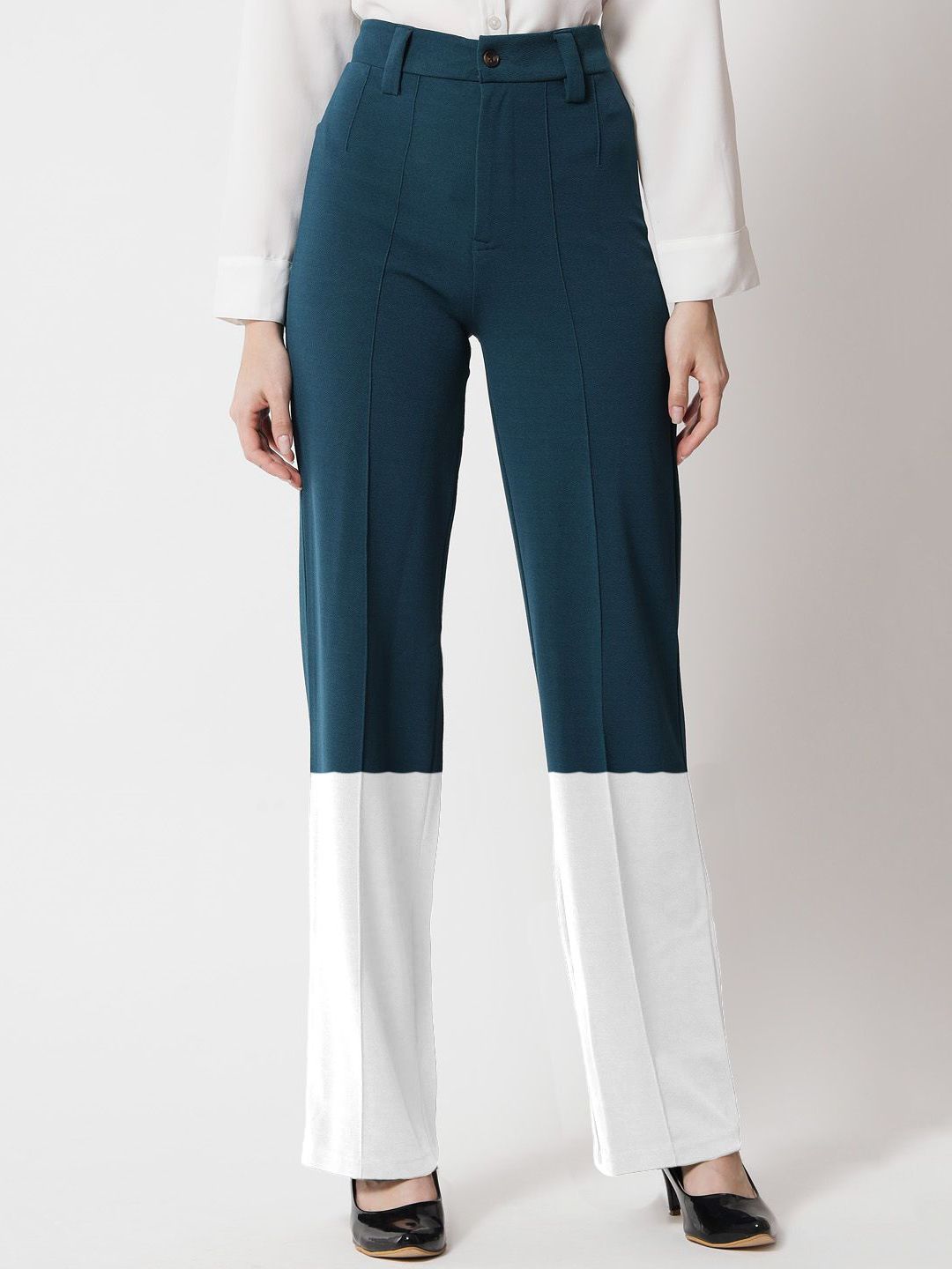 Kotty Women Colourblocked Relaxed Straight Leg Straight Fit High-Rise Easy Wash Trousers