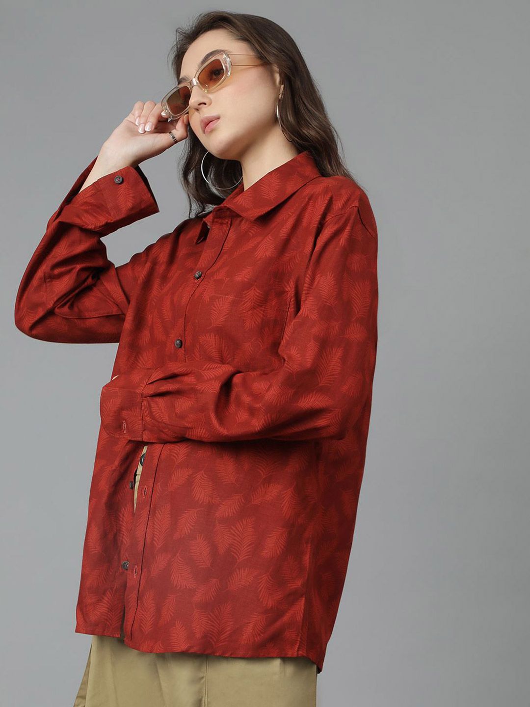 Kotty Women Spread Collar Floral Printed Cotton Oversized Casual Shirt