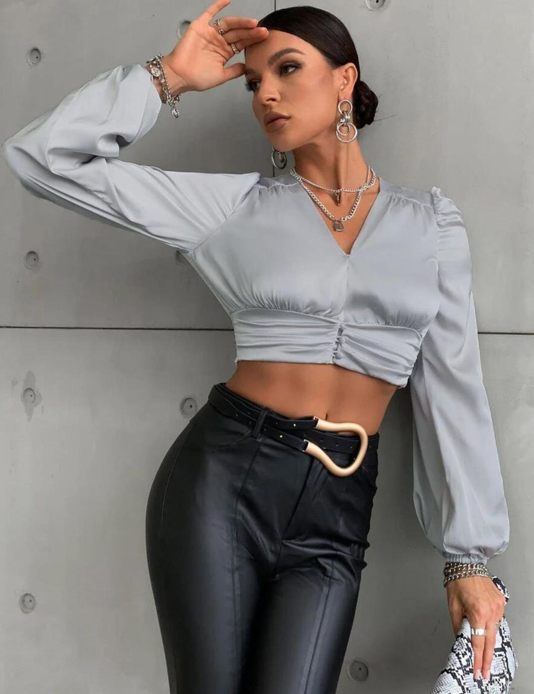 Kotty Tie-Up Neck Satin Wrap Crop Top