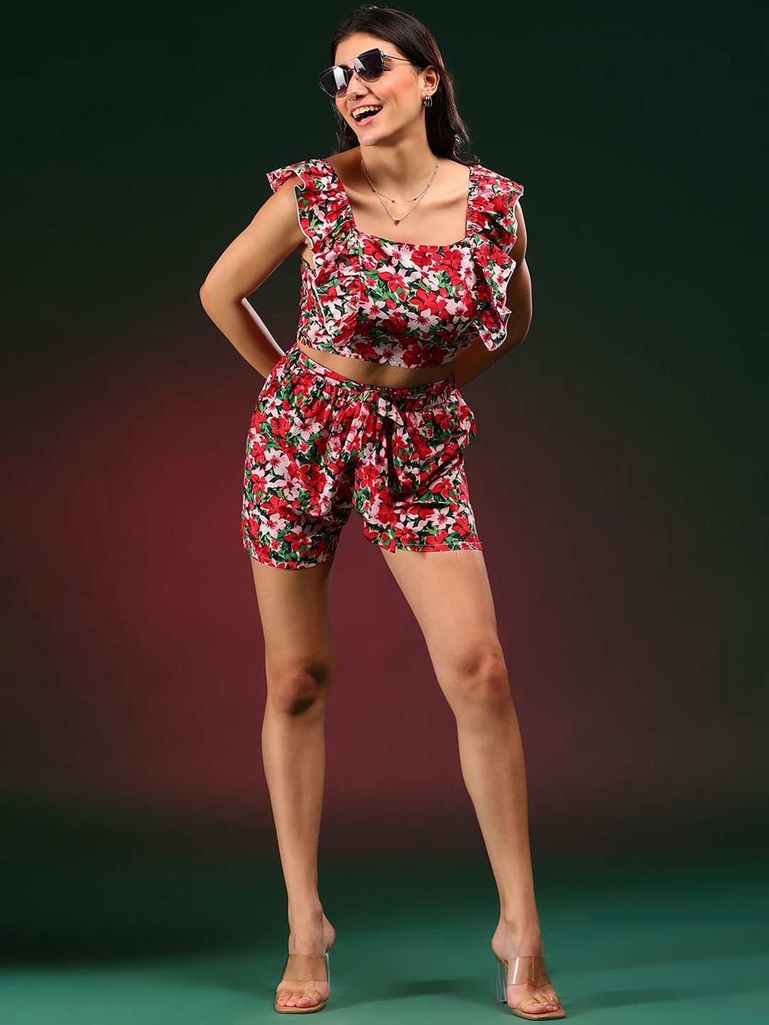 Kotty Red Floral Printed Square Neck Top & Shorts