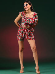 Kotty Red Floral Printed Square Neck Top & Shorts