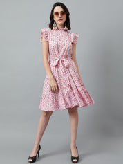 Kotty Pink & White Floral Printed High Neck Ruffled Fit & Flare Dress