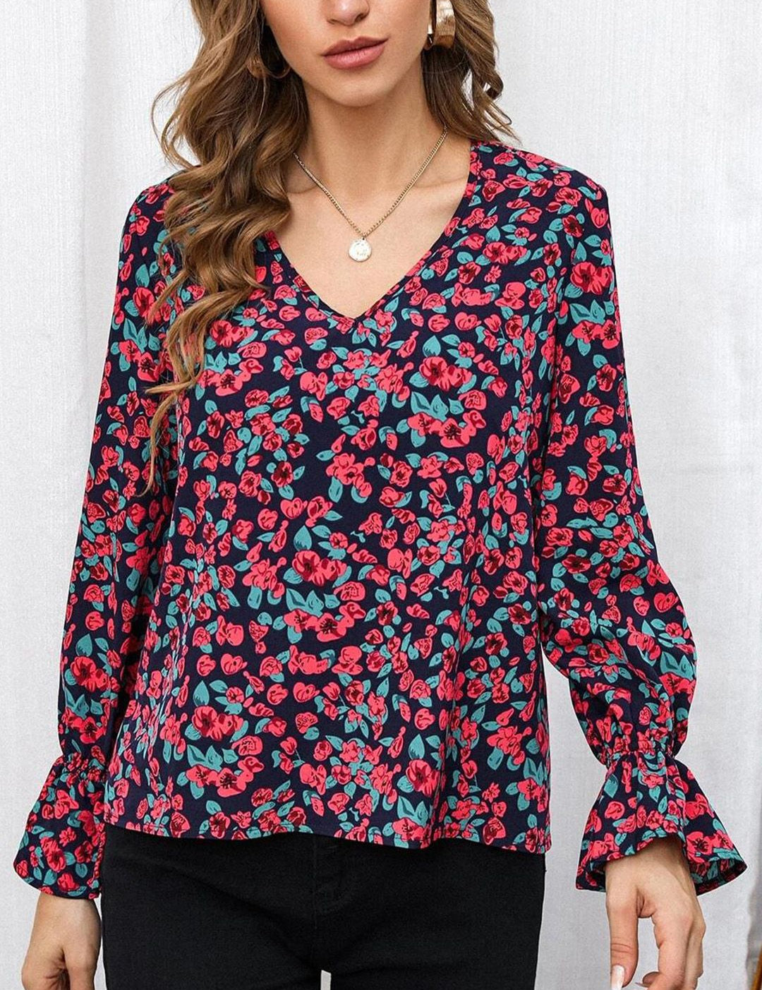 Kotty Navy Blue & Red Floral Print Bell Sleeve Satin Top