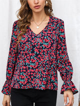 Kotty Navy Blue & Red Floral Print Bell Sleeve Satin Top