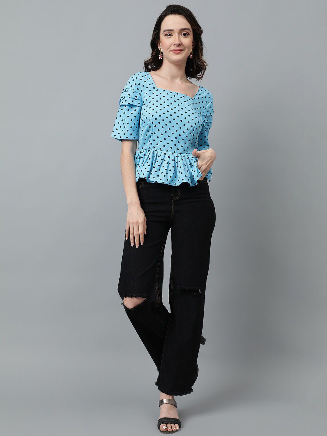 Kotty Blue Polka Dot Printed Crepe Peplum Top