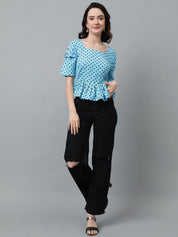 Kotty Blue Polka Dot Printed Crepe Peplum Top
