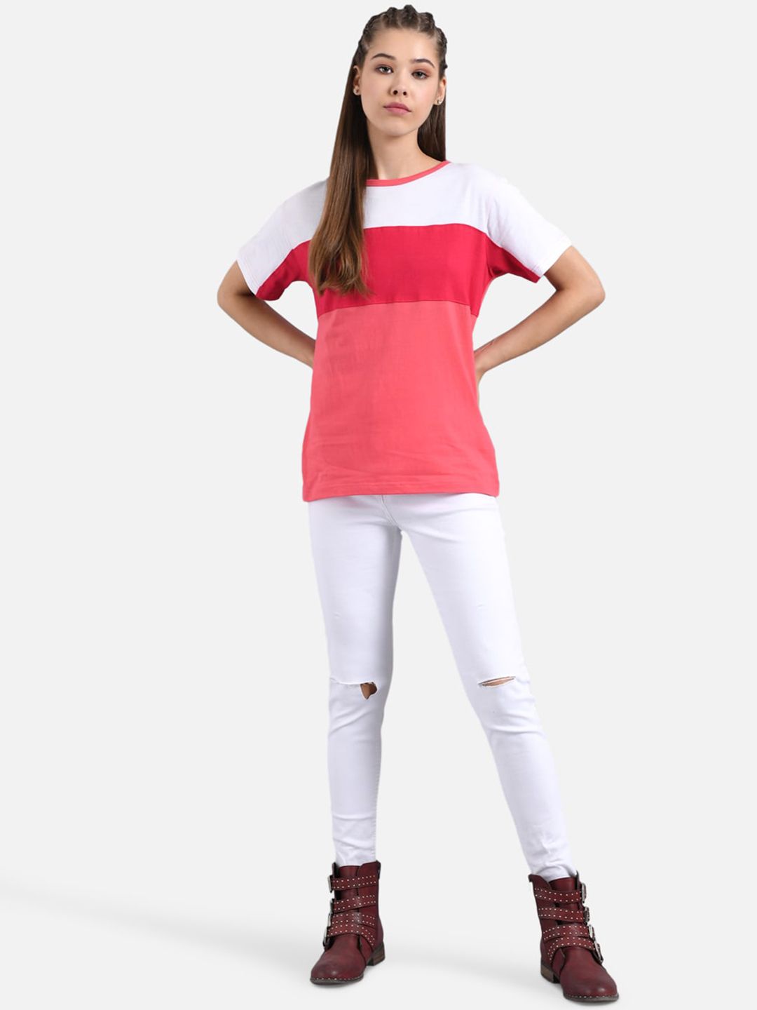 Kotty Women Pink & White Colourblocked Round Neck T-shirt