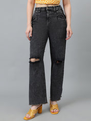 Kotty Women Jean Straight Fit Mildly Distressed Light Fade Stretchable Jeans
